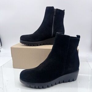 La Canadienne Teagan City Dry Ankle Boots Black Suede Waterproof Wedge US 7